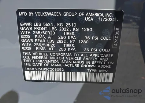 2025 Volkswagen Atlas Cross Sport 2.0T Se W/Technology из США, поврежденный, VIN 1V2JE2CA8SC208052